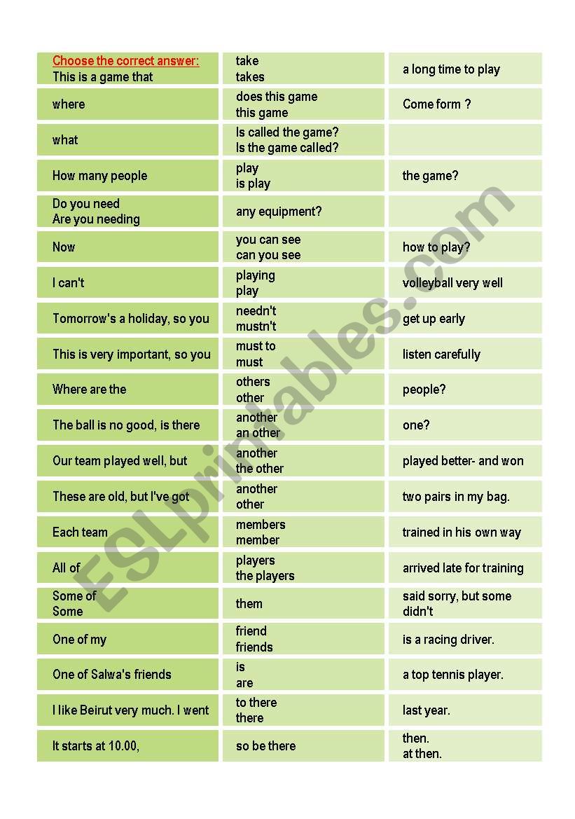 Choose the correct answer worksheet