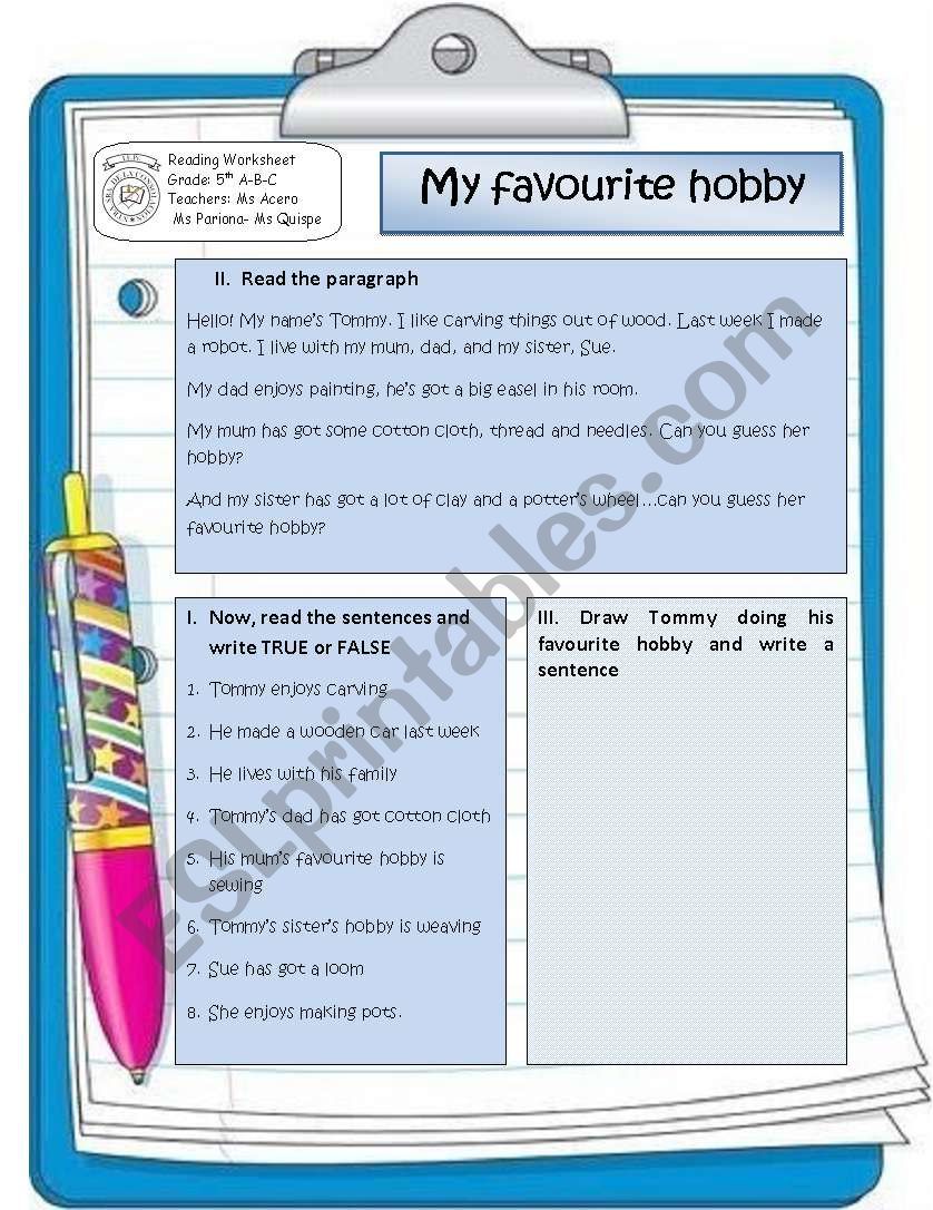 Easy Reading about hobbies worksheet