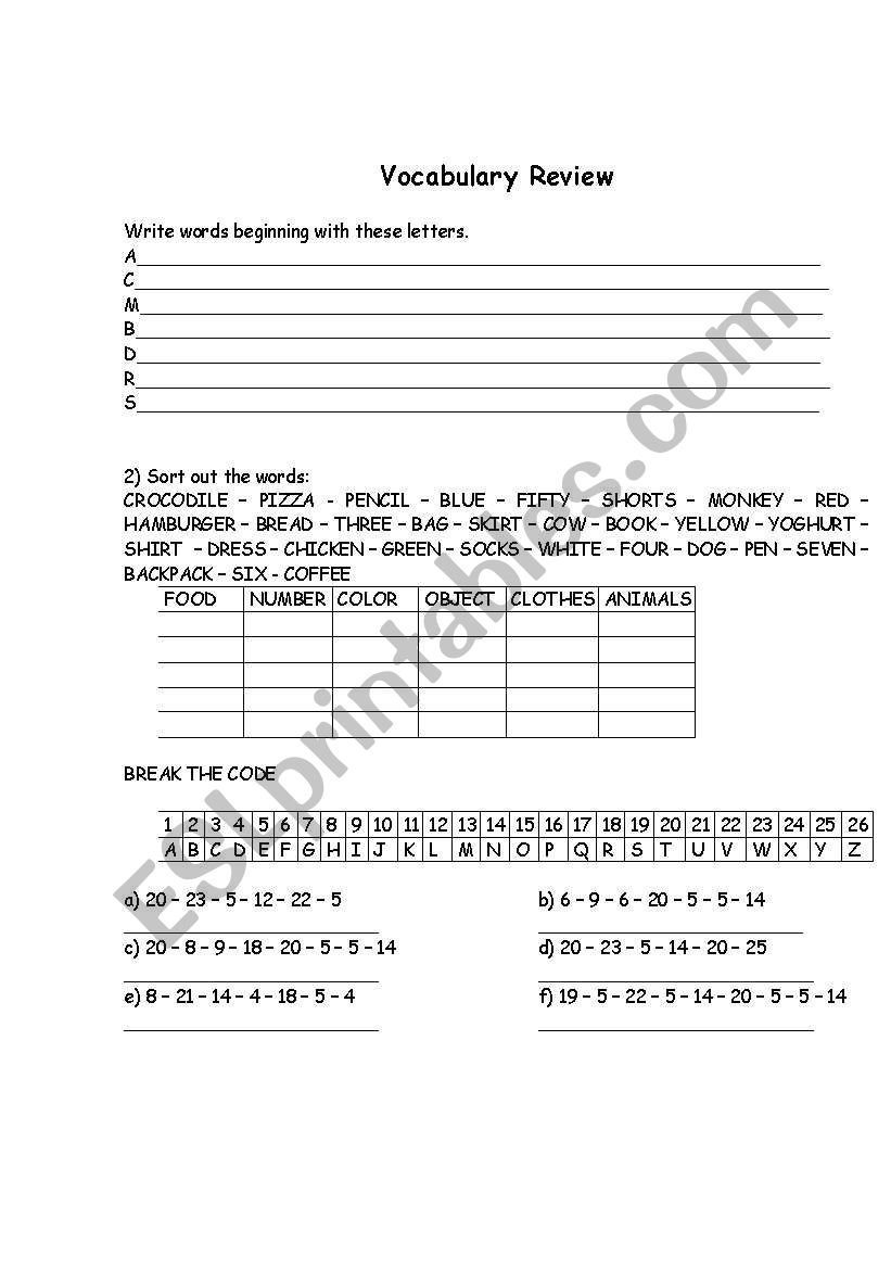 Vocabulary Review worksheet