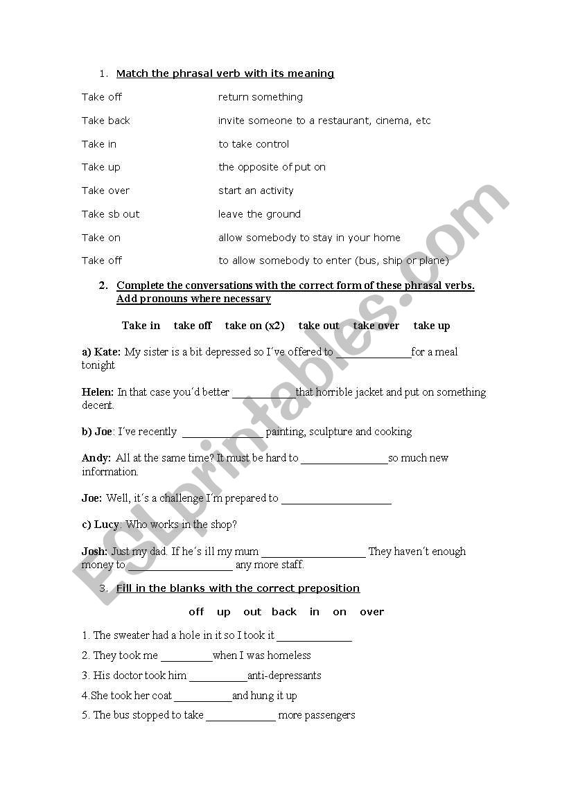 Phrasal verbs: Take worksheet