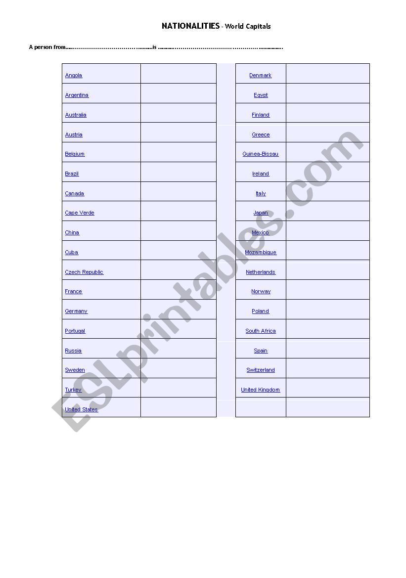 COUNTRIES and NATIONALITIES worksheet