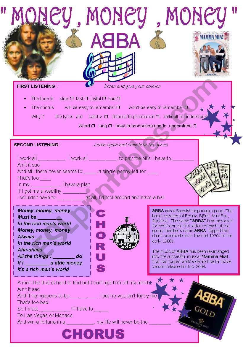 MONEY , MONEY , MONEY - ABBA worksheet