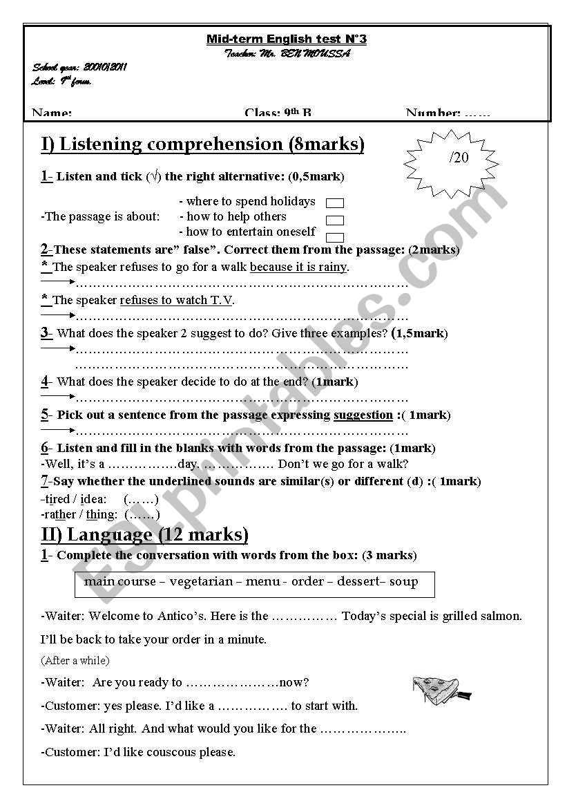   9 th year Mid-term English test N3                                                   