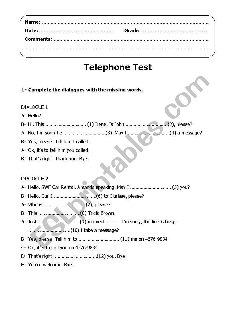Talking on the phone test worksheet