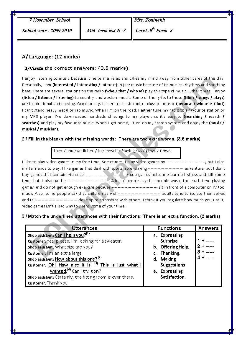 Mid term test N3 worksheet