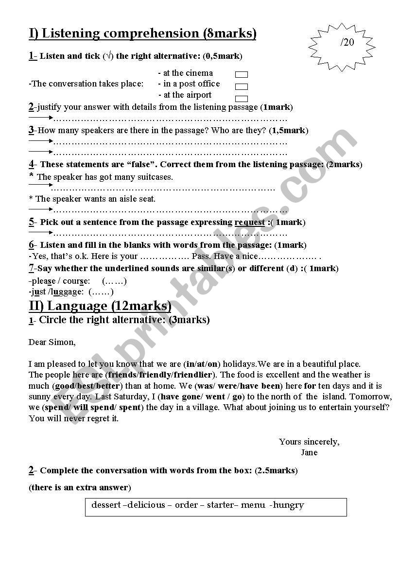 Mid term test worksheet