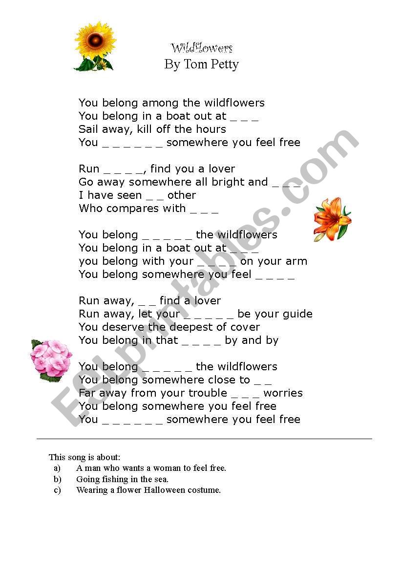 Wildflowers by Tom Petty - SONG CLOZE ACTIVITY