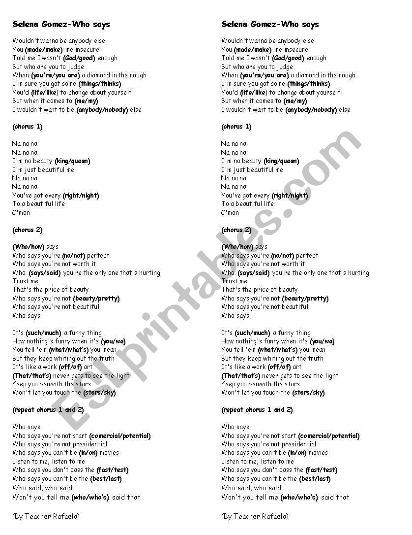 Who says-Selena Gomez worksheet