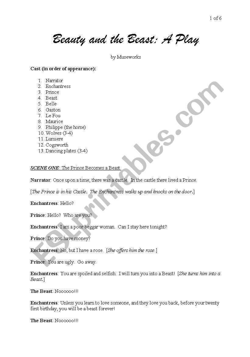 Beauty and the Beast - a play worksheet