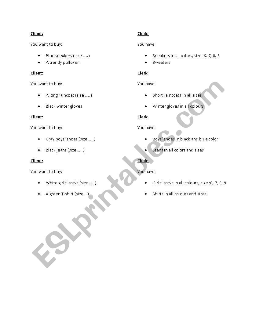 Shopping for clothes worksheet