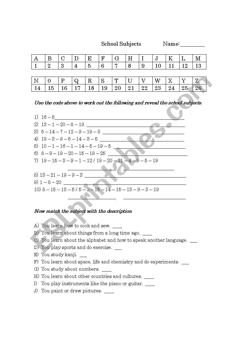 School subjects worksheet