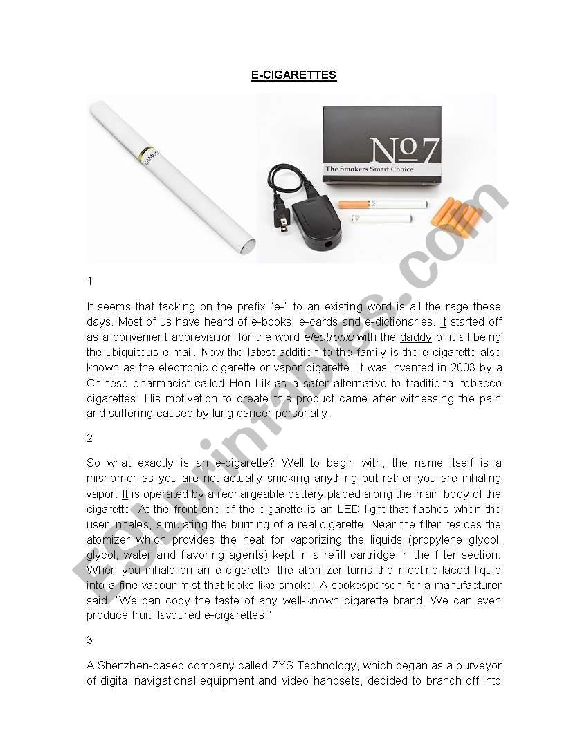 Electronic Cigarettes Comprehension Passage with Questions