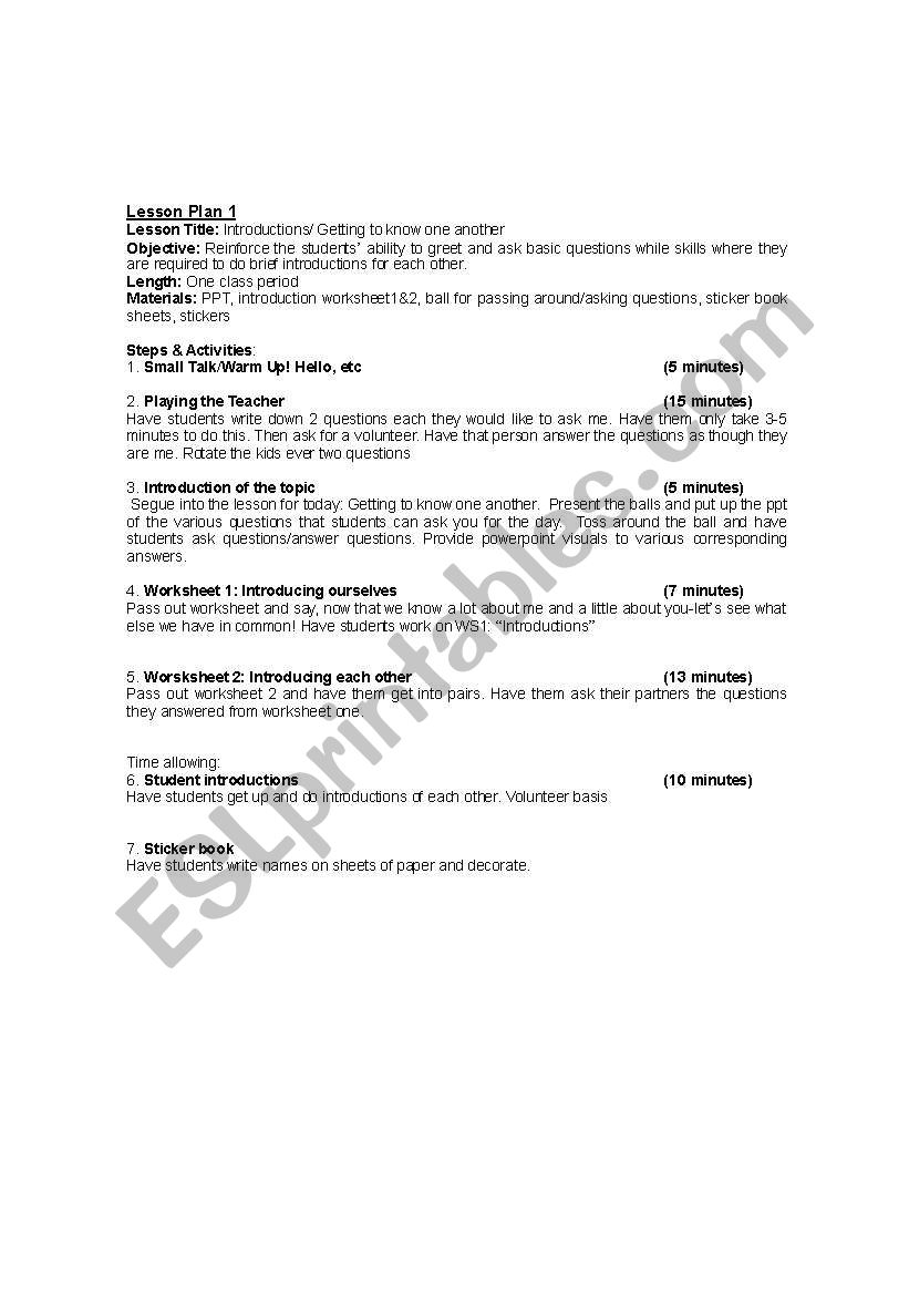 introduction lesson worksheet