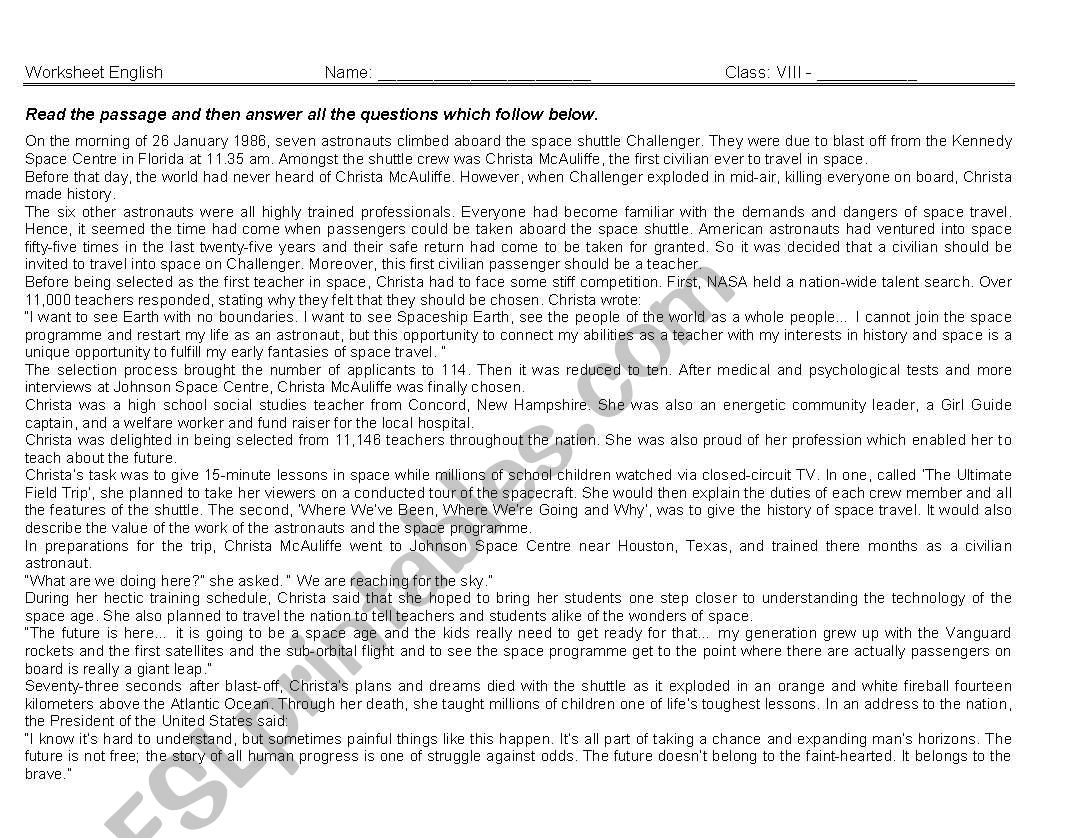 Comprehension worksheet