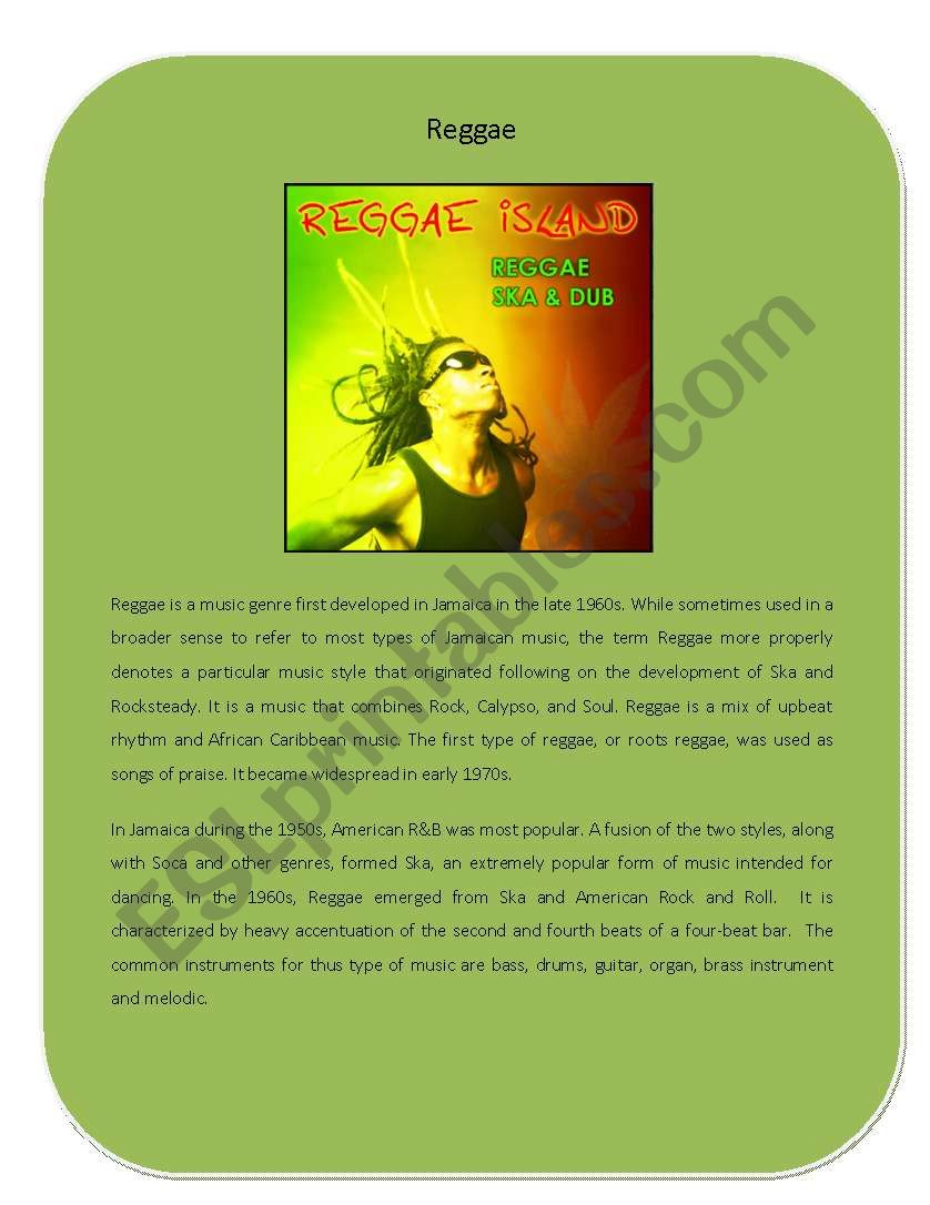 Music Genre 9 ( Reggae) worksheet