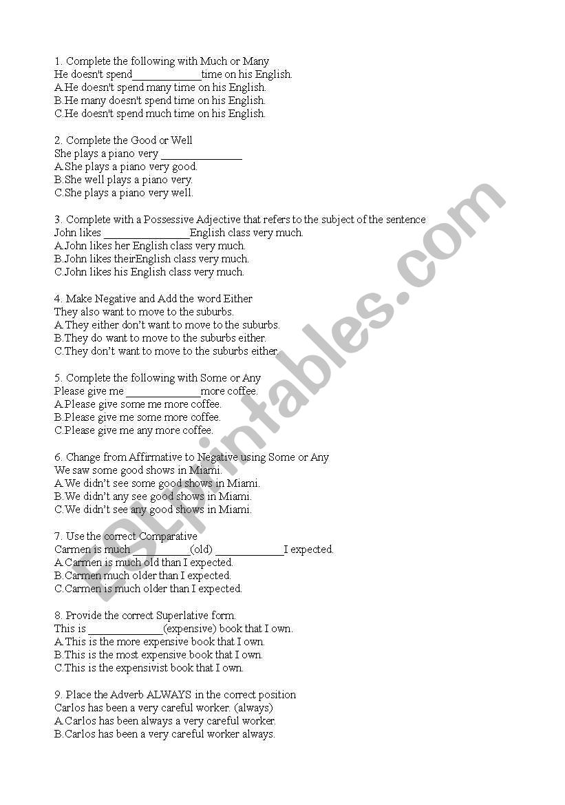 General Placement Test worksheet