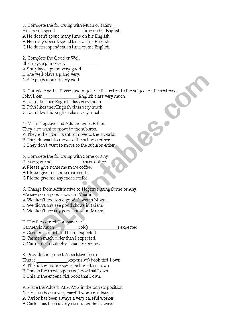 General Placement Test worksheet