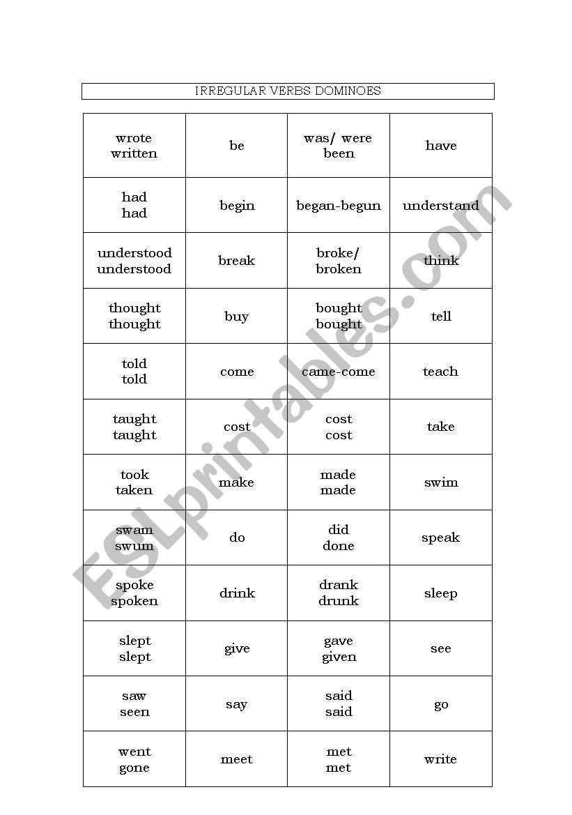 Irregular verbs dominoes worksheet