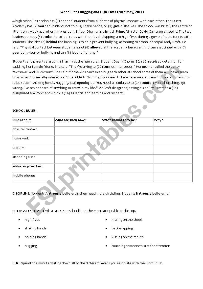 Hugging banned in school worksheet