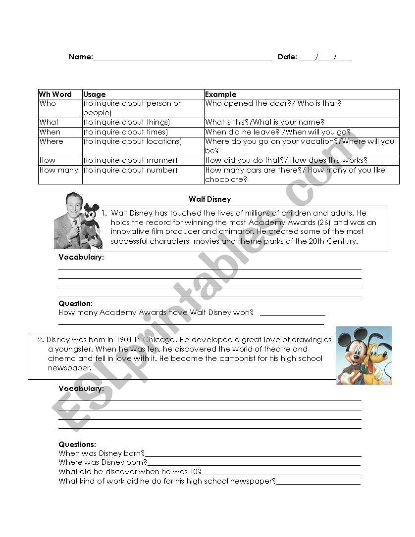 Walt Disney - Wh Words worksheet