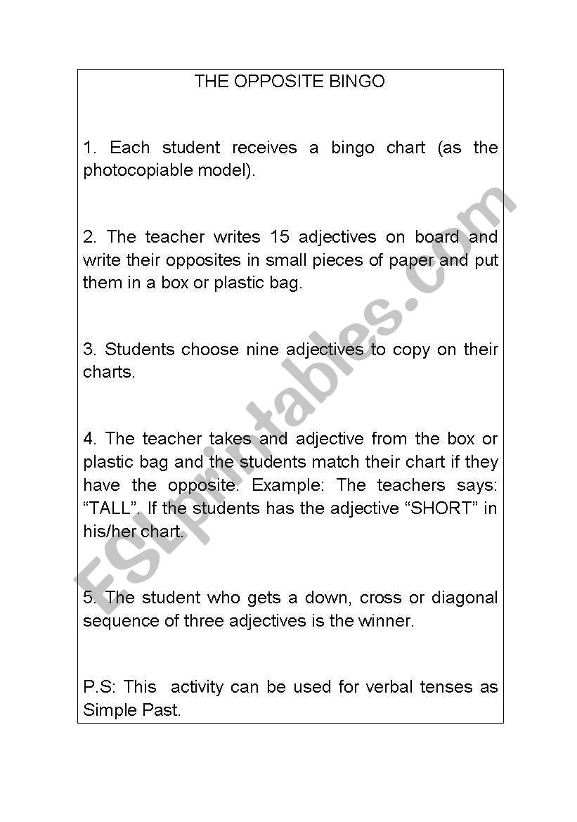 The opposite Bingo worksheet