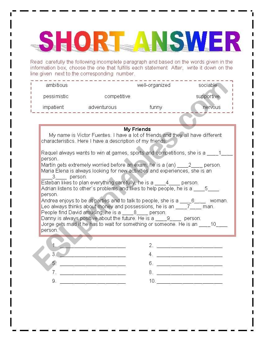 PERSONALITY TRAITS worksheet