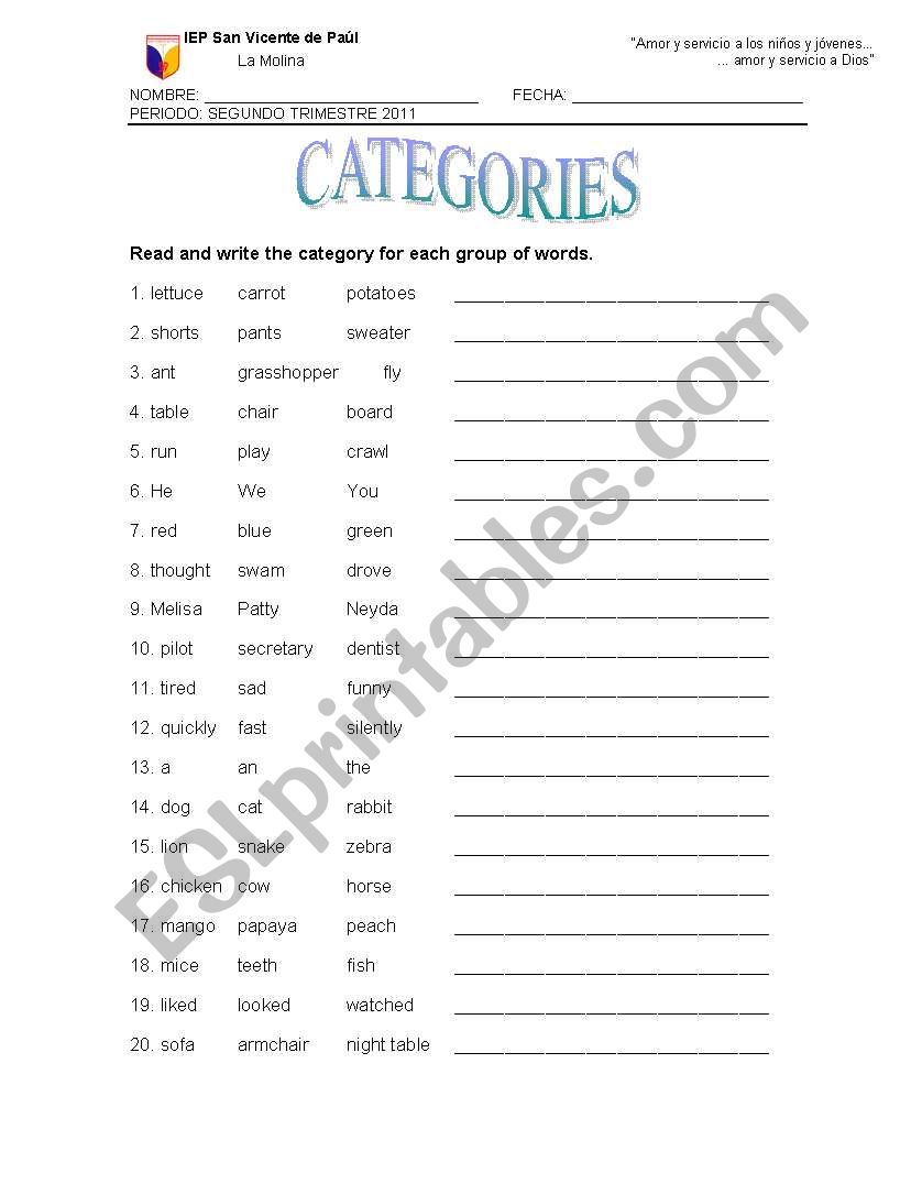 CATEGORIES worksheet