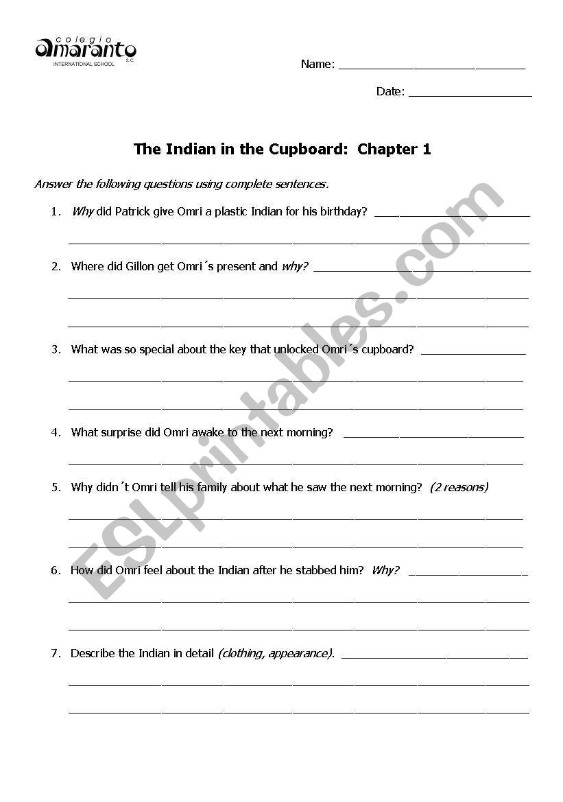 English Worksheets The Indian In The Cupboard Comprehension Questions