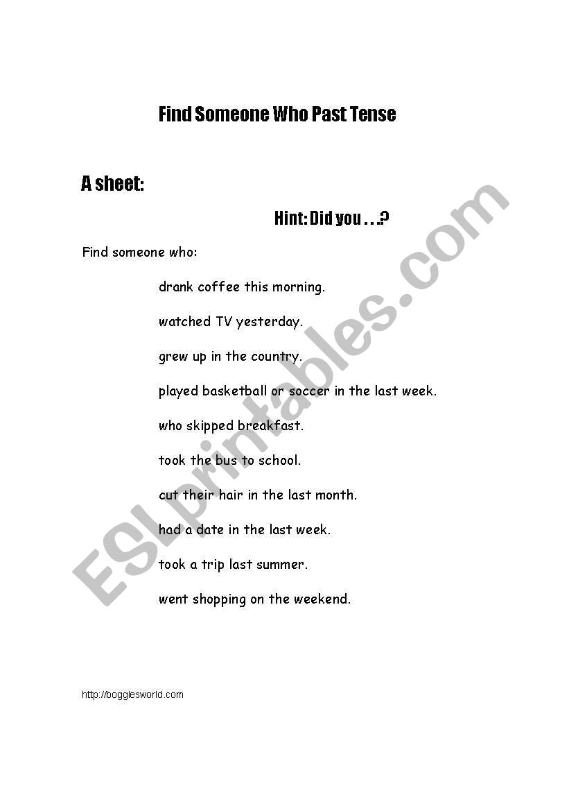 Game Find someone who worksheet
