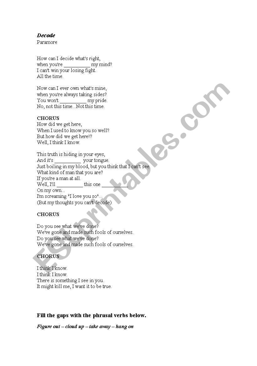 Decode  Paramore worksheet