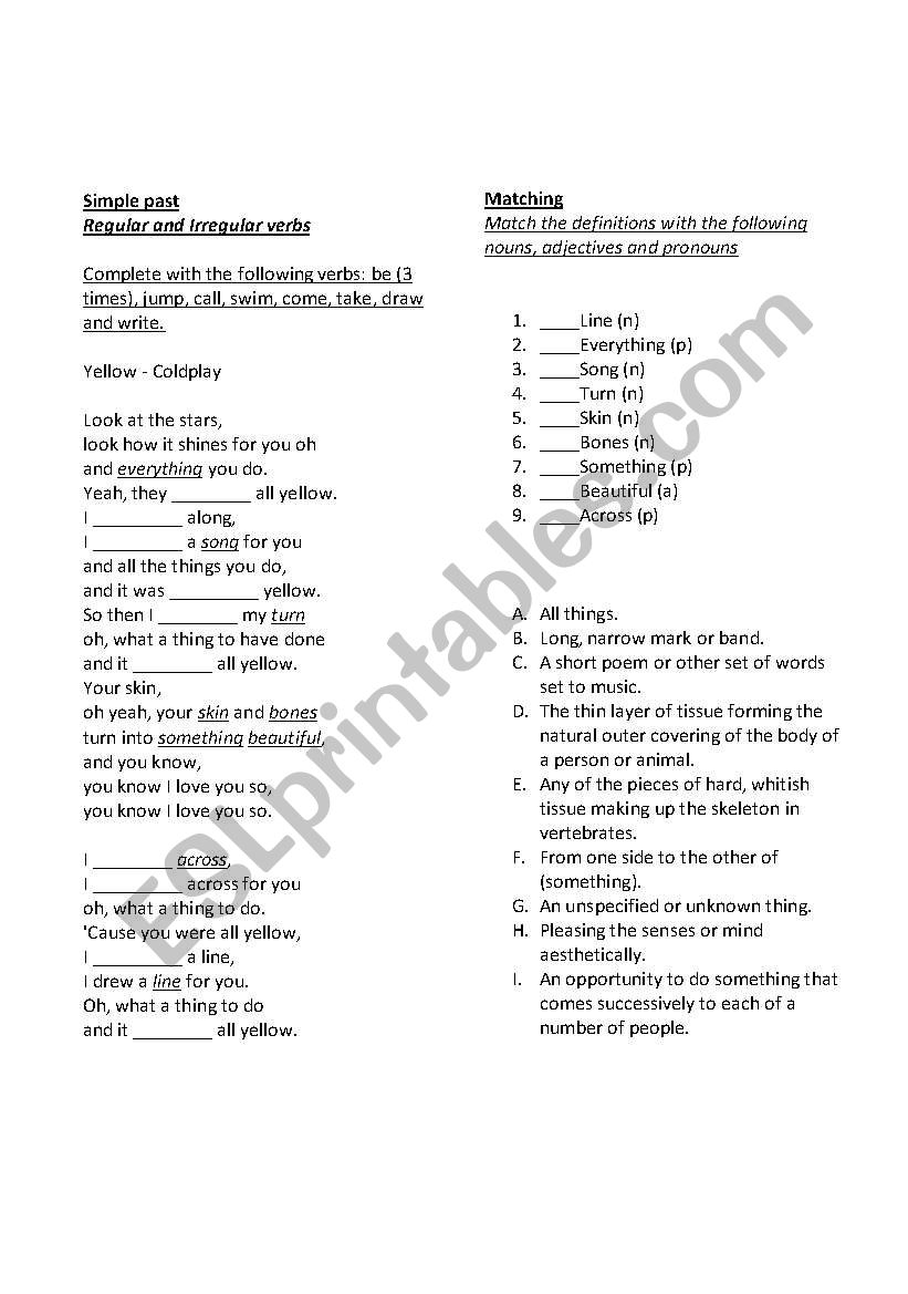 irregular verbs song Coldplay-Yellow