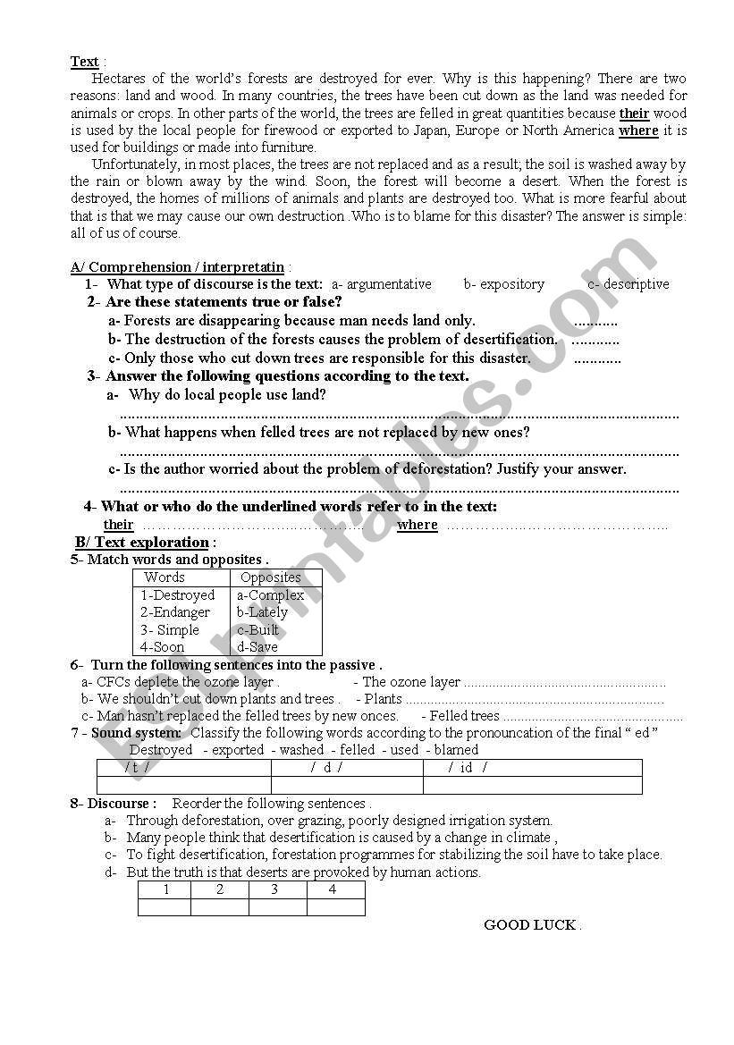 Desertification test worksheet