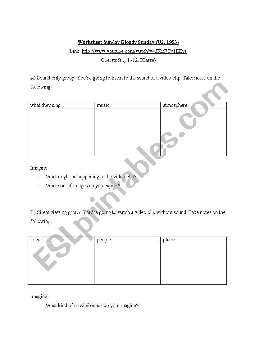 Sunday bloody Sunday worksheet