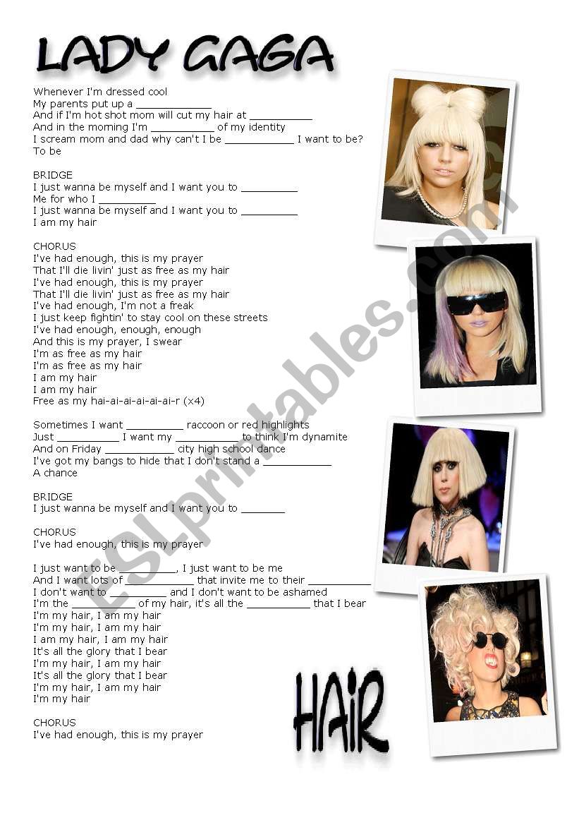 Hair  by Lady Gaga worksheet