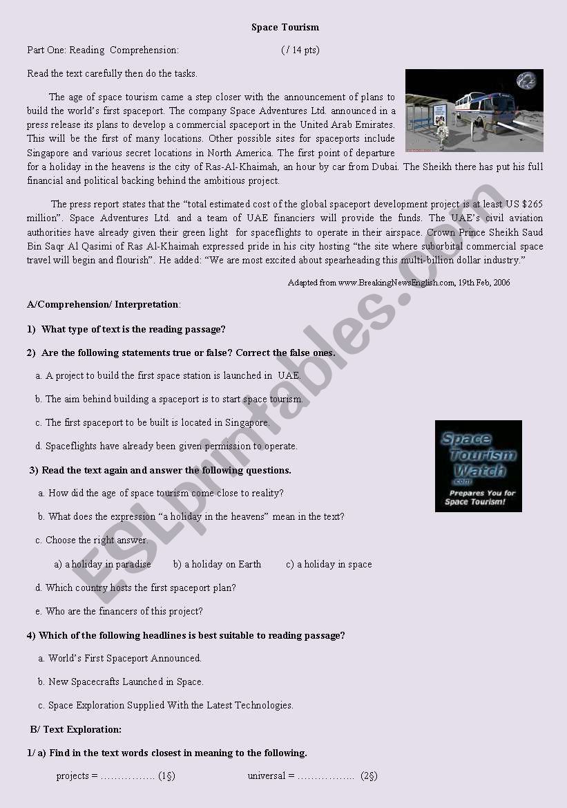 Space tourism test worksheet