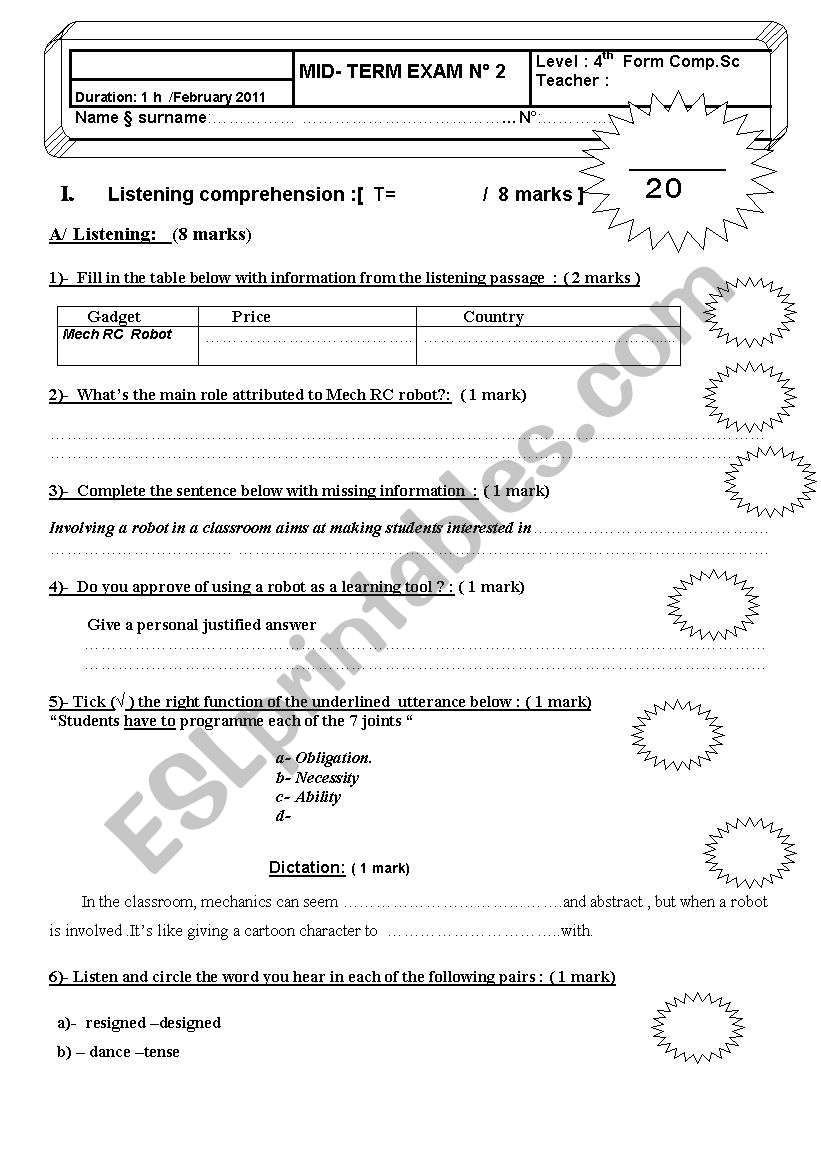 Mid-term exam  4th Form students 