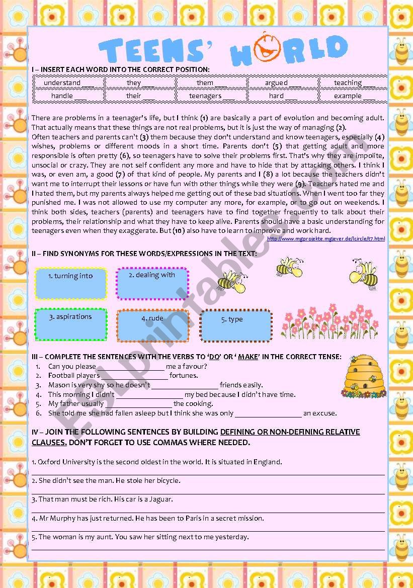 Reading comprehension Teens World + do vs make + Relative Clauses (defining and non defining) KEY INCLUDED