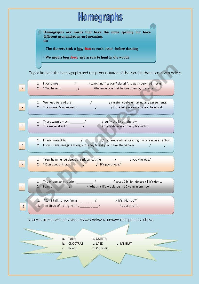 HOMOGRAPHS worksheet