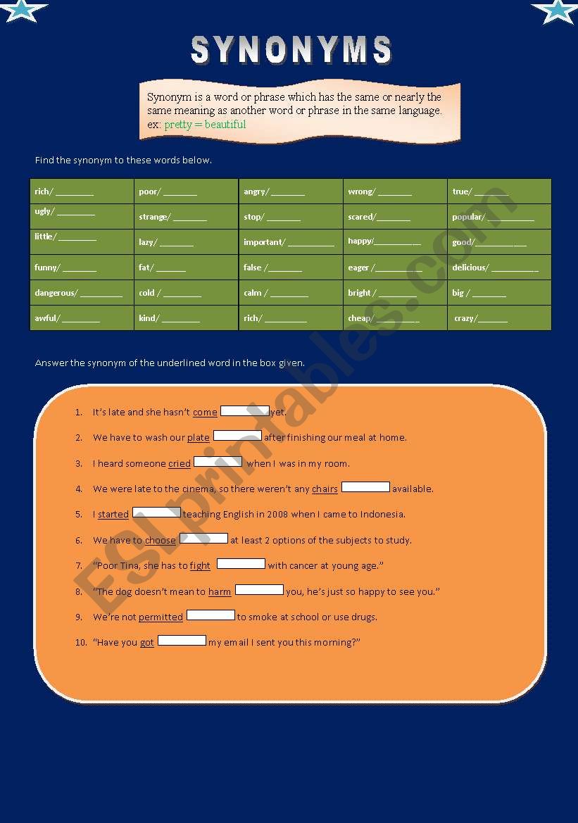 SYNONYMS worksheet