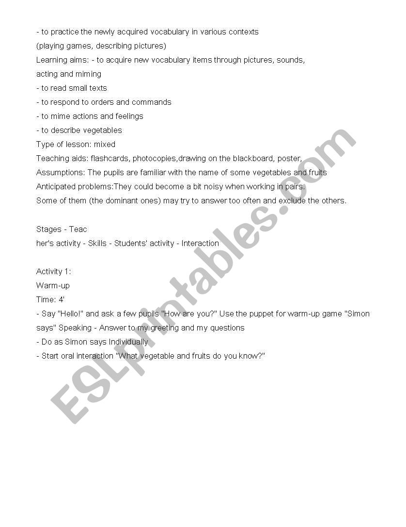 lesson plan - vegetables worksheet