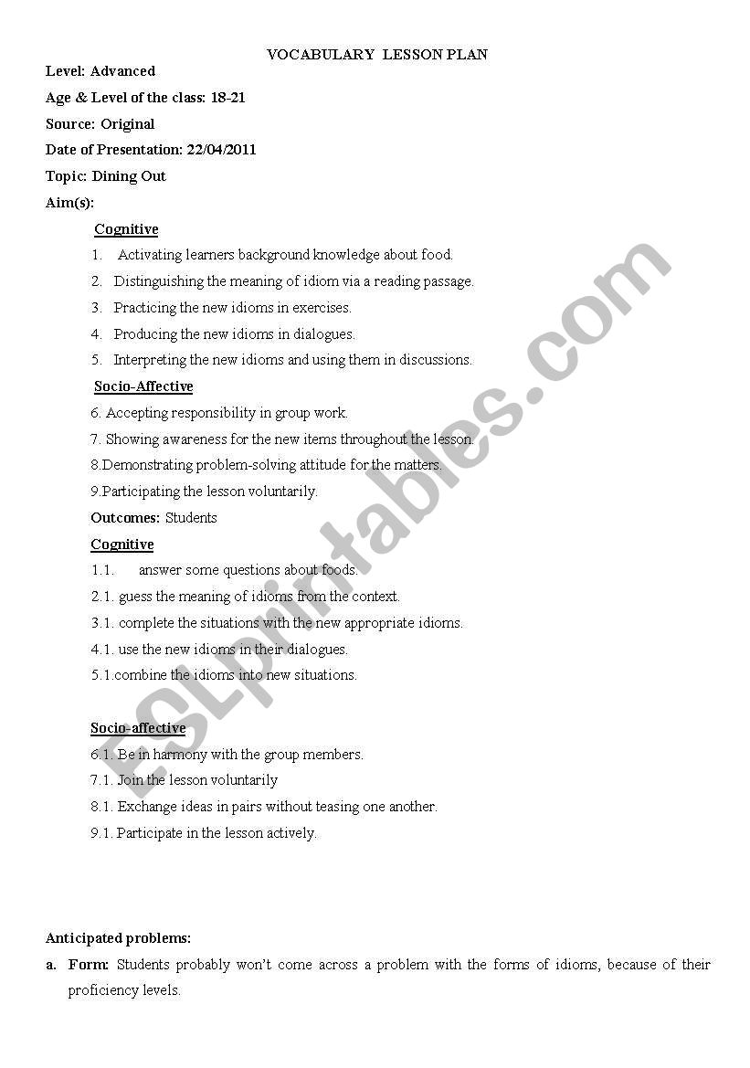 dining out lesson plan worksheet