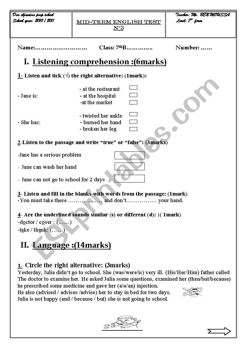 7 th form mid term test 3 for Tunisian pupils