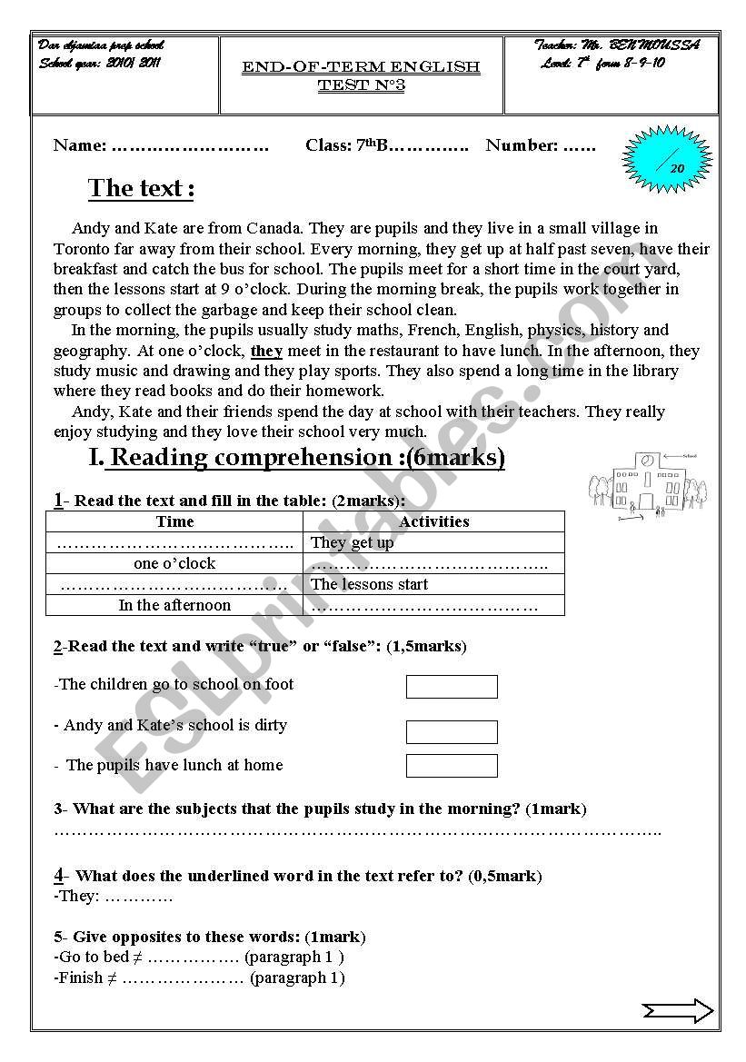 7 th form end term test 3 worksheet