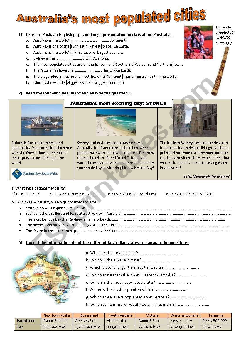 AustraliaÂ´s most populated places - a brochure about Sydney - comparative and superlative **editable** 