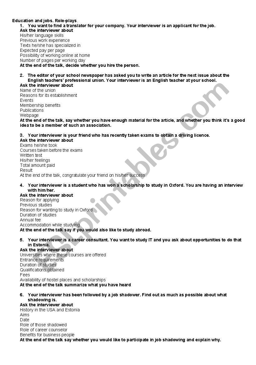 Education role plays worksheet
