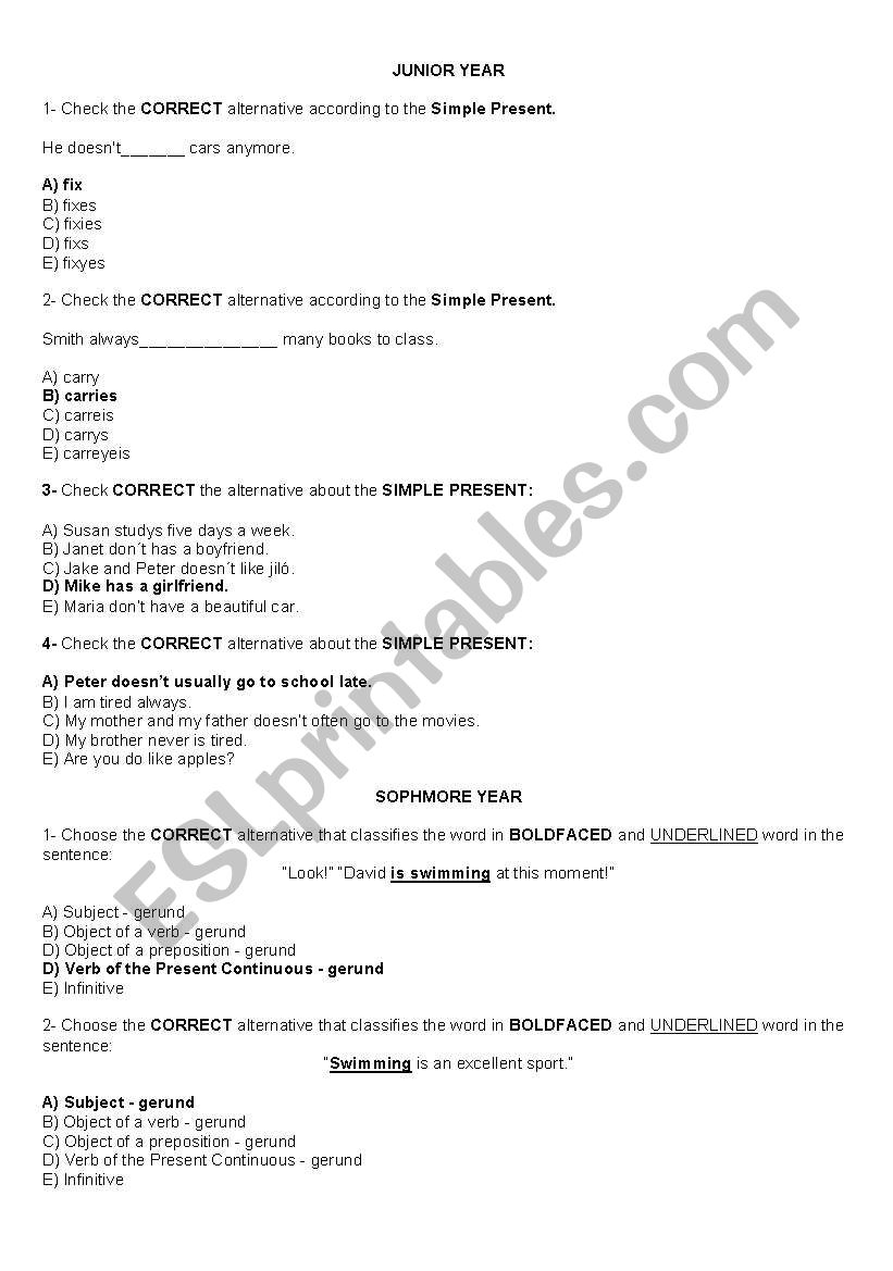 TEST FOR HIGH SCHOOL STUDENTS worksheet