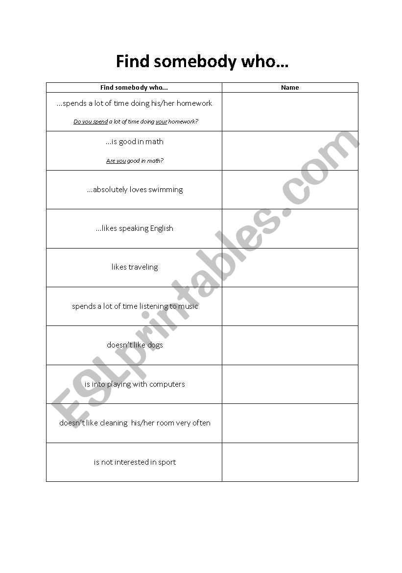 English worksheets: Find somebody who...