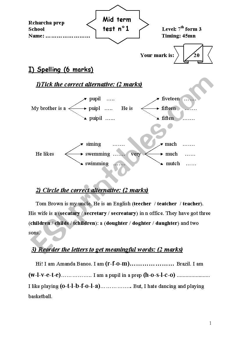 mid term test N) 1 7th form worksheet