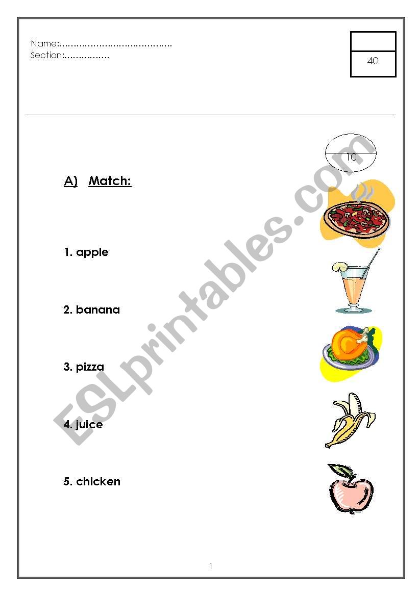 food staff maching worksheet