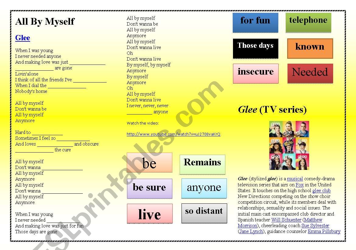 SONG: Glee    All By Myself worksheet